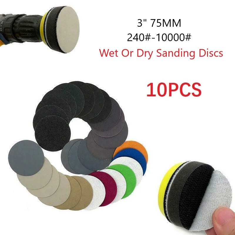 10Pcs 3inch Silicon Carbide Sanding Discs 75mm Wet And Dry Sanding Sandpaper 240-10000 Grit Automotive Grinding Polishing Tools