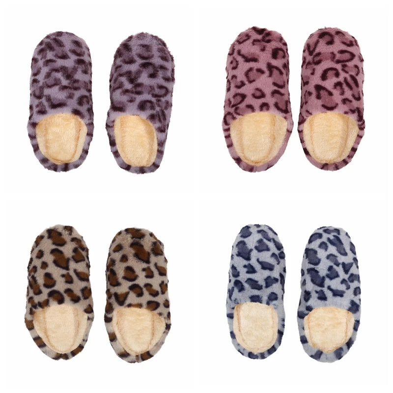 Women Men Leopard Print House Slippers Winter Warm Soft Fur Indoor Bedroom Non-Slip Floor Shoes for Couples Home Slides