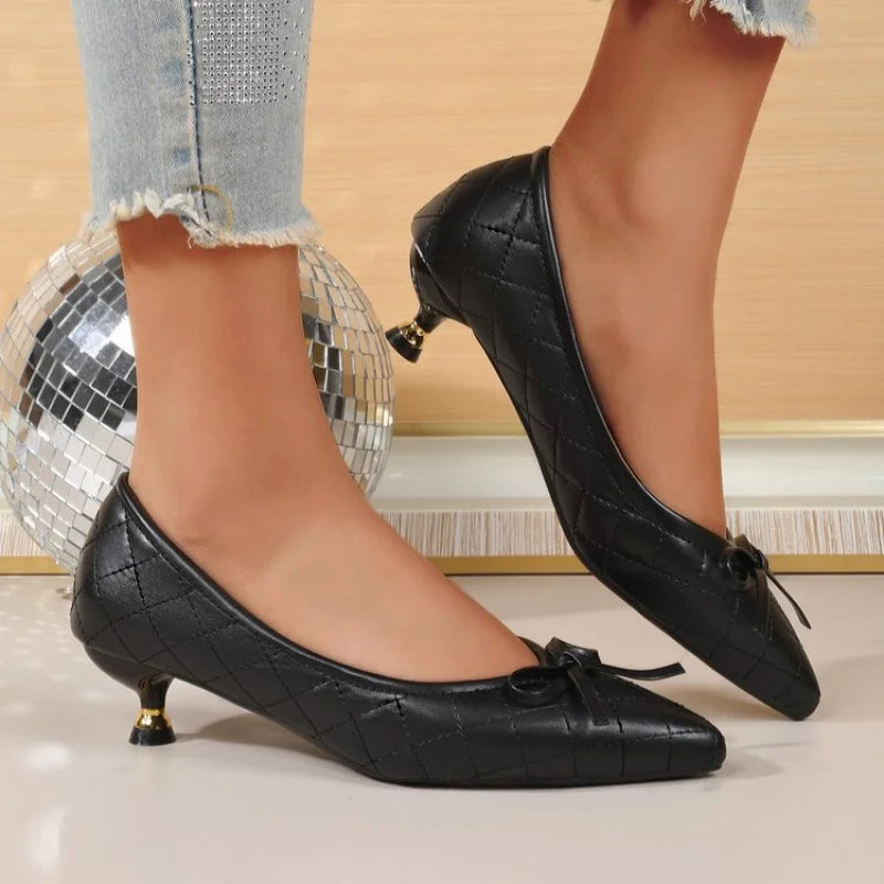 Vintage Women's Pointed Toe Bow Kitten Heels Pumps, Quilted Stiletto Heels for Office & Daily, Sexy Work Shoes Plus Size Leather
