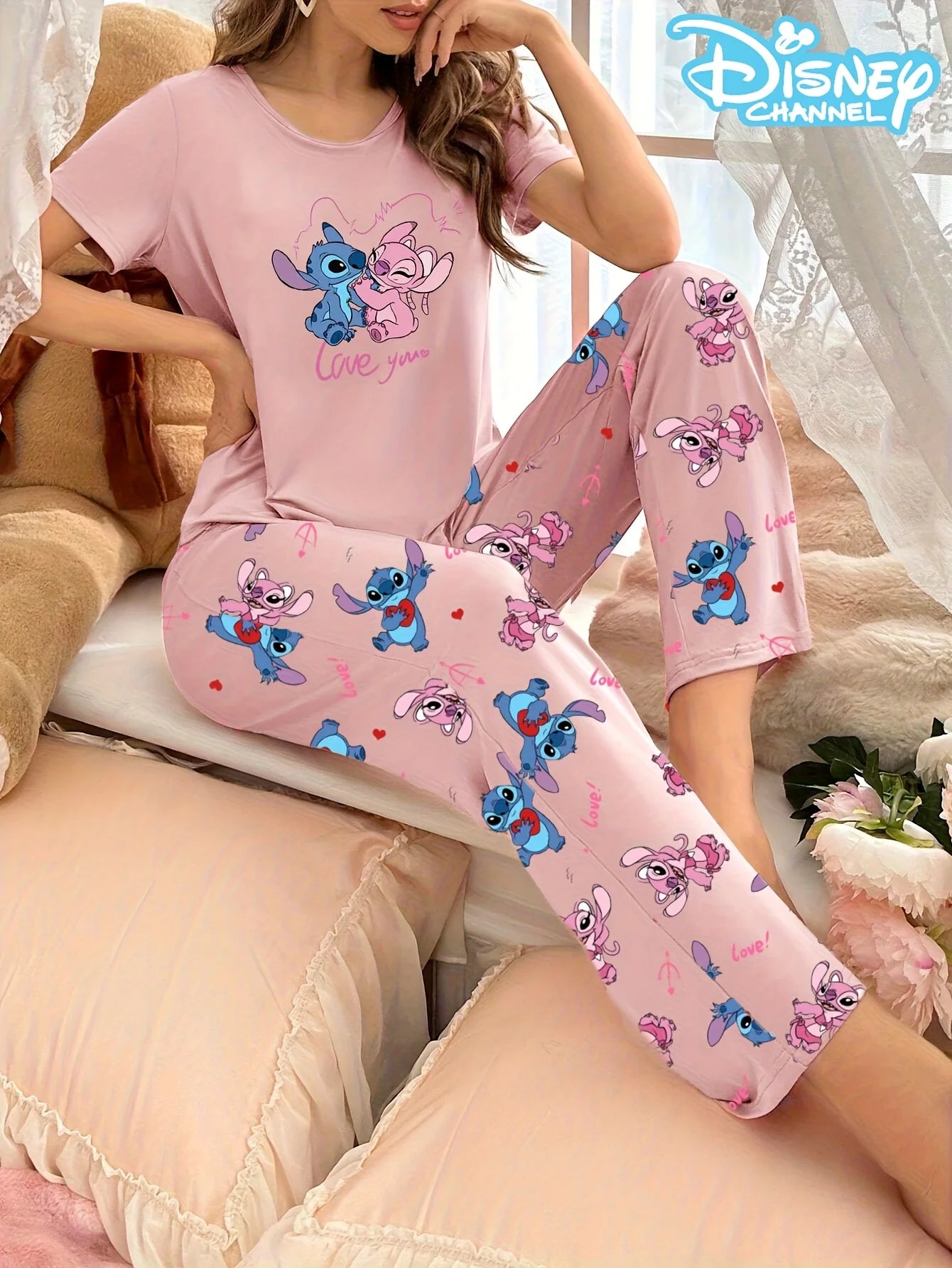 Women's pajama set with cute Disney Stitch prints, short-sleeved top and pants, comfortable for home or outdoor wear
