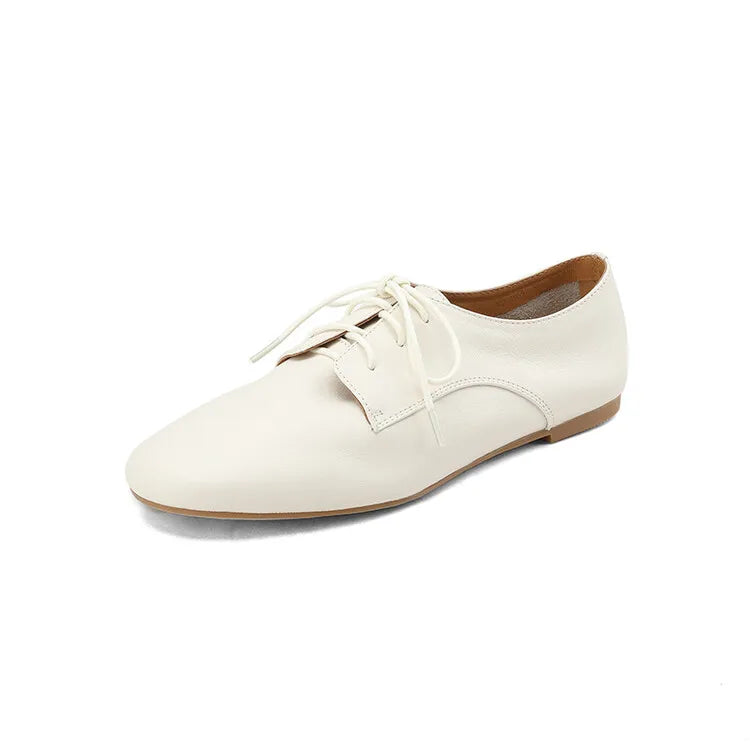 2023 Spring New Cow Leather Women Shoes Fashion Lace-Up Oxford Shoes Round Toe Soft Low Heel Shoes Woman Zapatos De Mujer Pumps