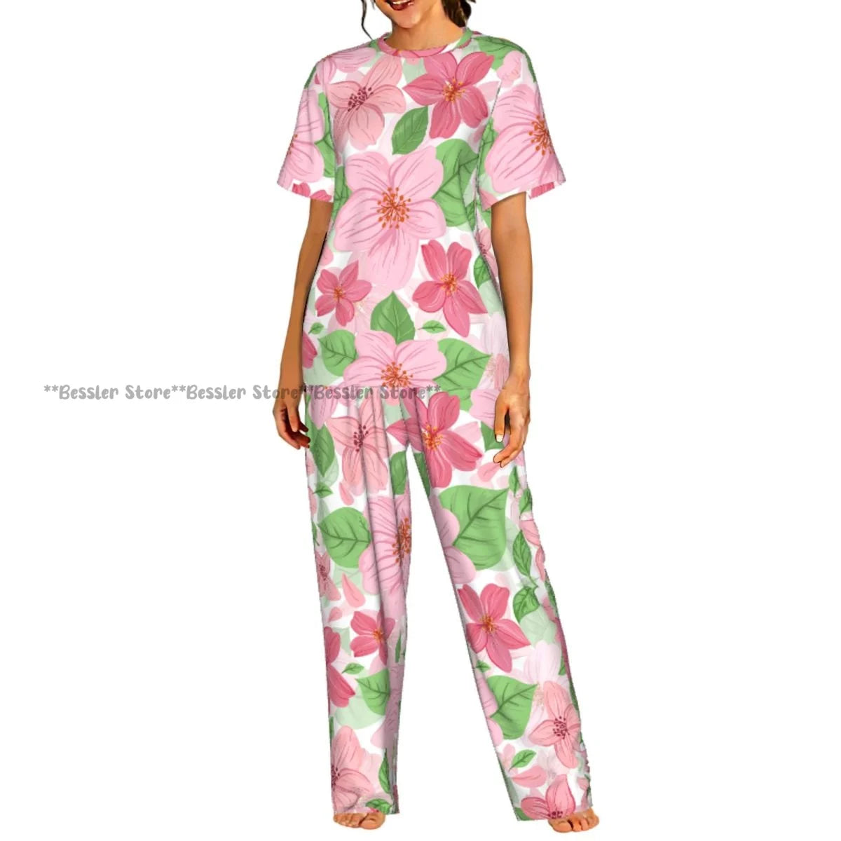 Women's Pajama Set Blue Hydrangeas And Daisies Floral Butterflies Short Sleeve Sleepwear 2 Piece Homewear Loungewear