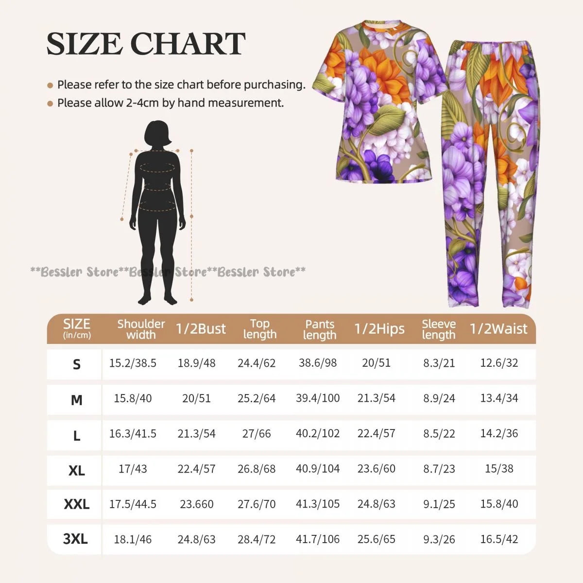 Women's 2-piece set Floral Pattern Pajamas Short sleeved Top and Pants Sleepwear