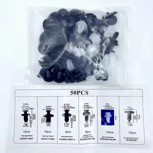 Automotive interior and exterior clip set, 50-101 pieces, for bumper, fender, and trim panel replacement and maintenance