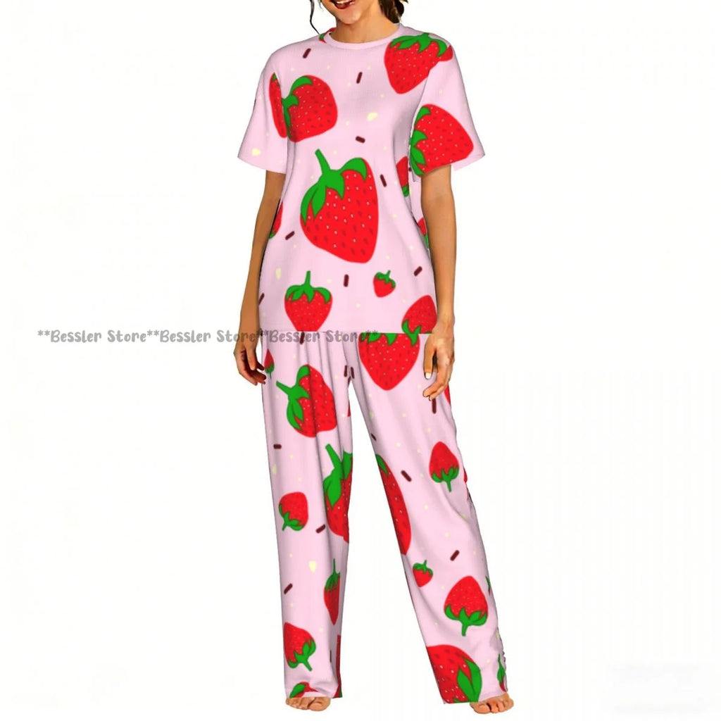 Women's 2-piece set Watercolor Strawberries Pajamas Short sleeved Top and Pants Sleepwear