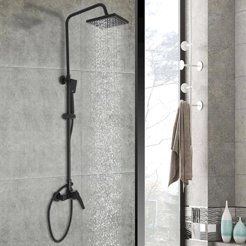 Shower system w/ handheld showerhead,rainfall shower faucet,shower rod,shower column,black color,wall-mounted,height adjustable