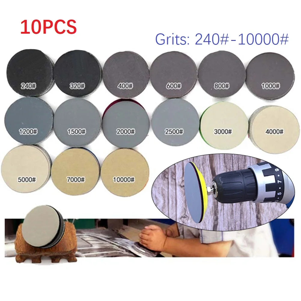 10Pcs 3inch Silicon Carbide Sanding Discs 75mm Wet And Dry Sanding Sandpaper 240-10000 Grit Automotive Grinding Polishing Tools