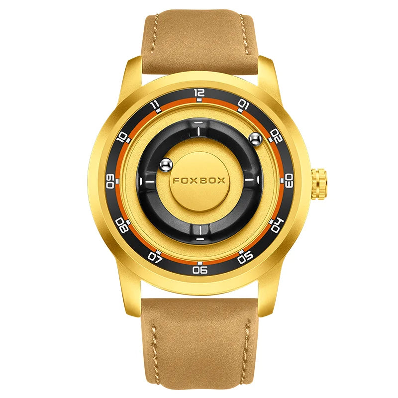 FOXBOX Magnetic Driven Watch Fashion Waterproof Quartz Wristwatch Rolling Steel Ball Pointer Sports Watches Military Clock+Box