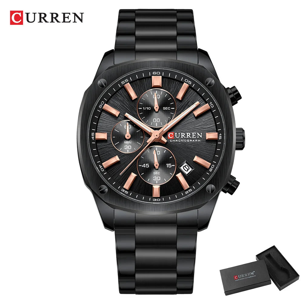 CURREN Modern Men's 42mm Sport Watch - Stainless Steel Band Chronograph & Date,Glow-in-the-Dark Hands, Casual Quartz Wristwatch