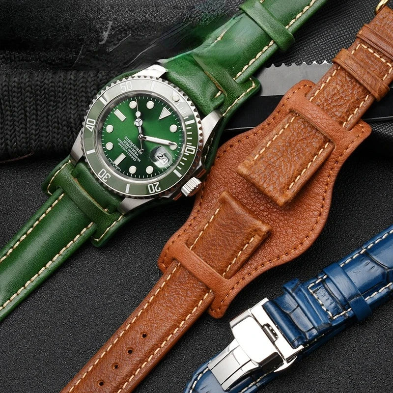 Genuine Leather watch strap for Rolex Green Submariner Omega  timex Vintage plus Tray Men Watch Band 20 22mm