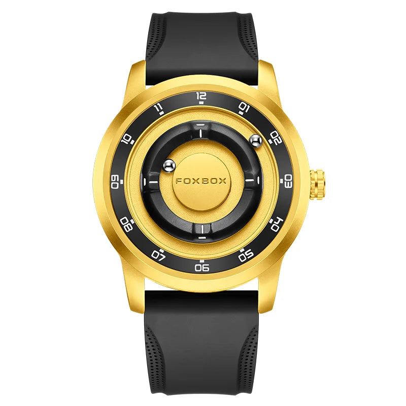 FOXBOX Magnetic Driven Watch Fashion Waterproof Quartz Wristwatch Rolling Steel Ball Pointer Sports Watches Military Clock+Box