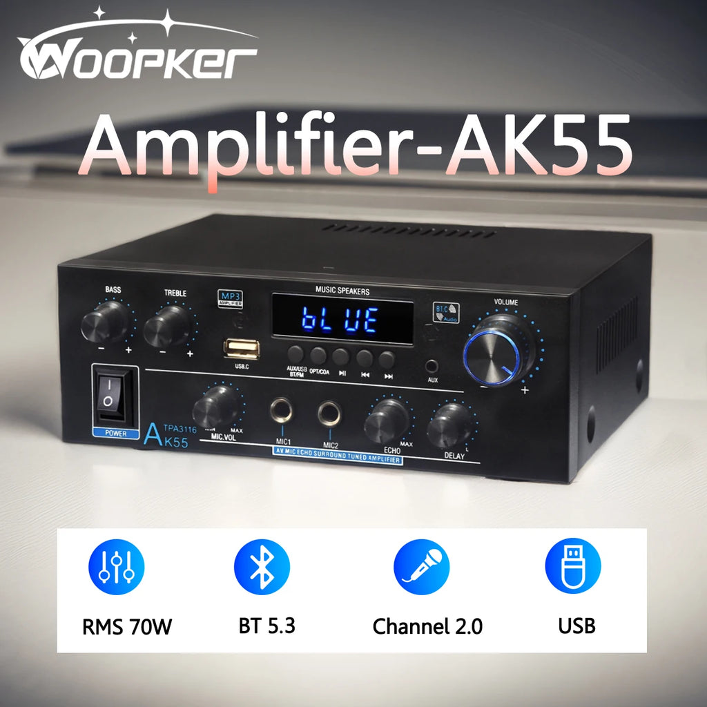 Woopker Audio Amplifier AK55 HiFi Stereo Channel2.0 RMS70W*2 Bluetooth 5.3 Support AUX/OPT/RCA Powered Subwoofer Power Amplifier
