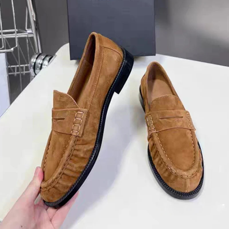 New Women's Loafers, Round Toe, Top Quality Genuine Leather, Low Heel, Shallow, Comfortable Daily Commute Walking Shoes, Office Casual Shoes