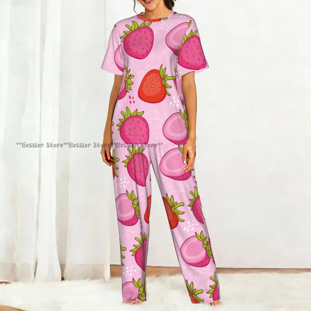 Women's Pink Strawberries short sleeve trousers casual pajamas set