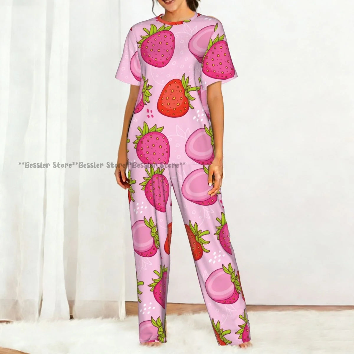 Women's Pink Strawberries short sleeve trousers casual pajamas set