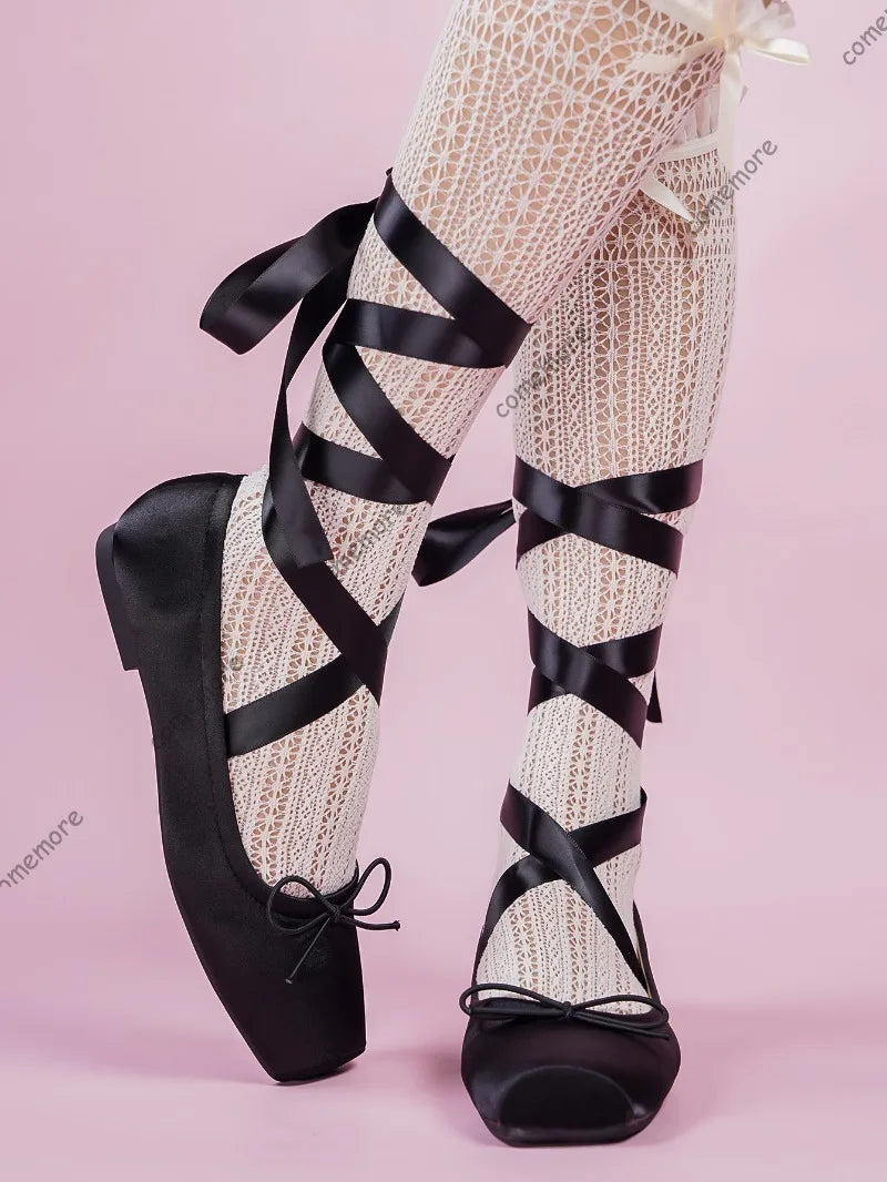 Women's Satin Ribbon Tie Ballet Flats Square Toe Ankle Wrap Lace-Up Shoes Lolita Shoes for Ladies Soft Sole Bow Fashion Footwear