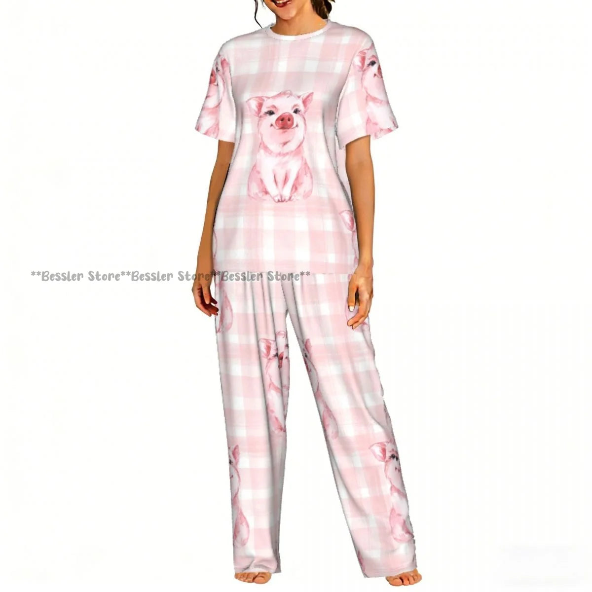 Cute Cartoon Pigs Pajamas Set Short-sleeved Women Home Clothing