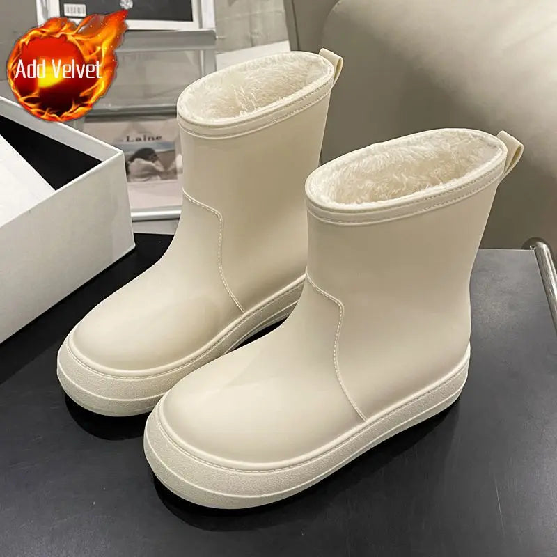Heated Winter Mid Calf Rain Boots Insulated Cotton Thick Sole Nonslip Waterproof Durable Solid Color Women's Rain Shoes