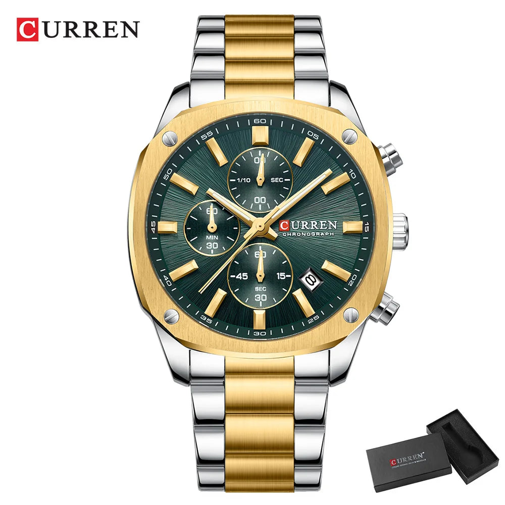 CURREN Modern Men's 42mm Sport Watch - Stainless Steel Band Chronograph & Date,Glow-in-the-Dark Hands, Casual Quartz Wristwatch