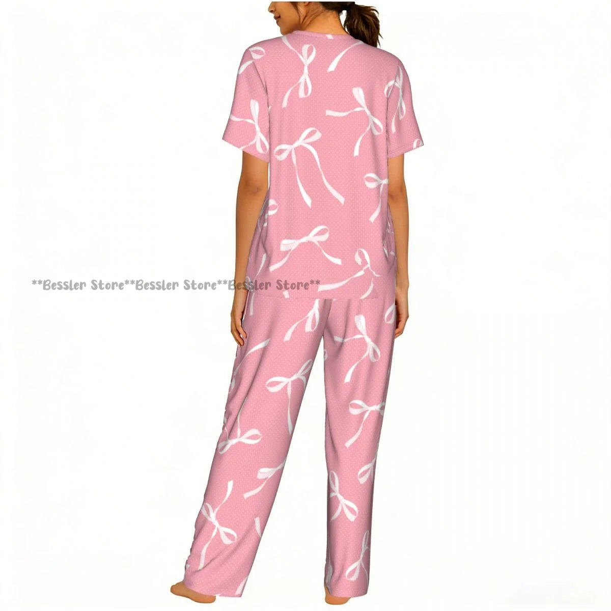 Women's Comfort Pajamas Women's Ribbon Bows Pattern Short Sleeve Set Sleepwear