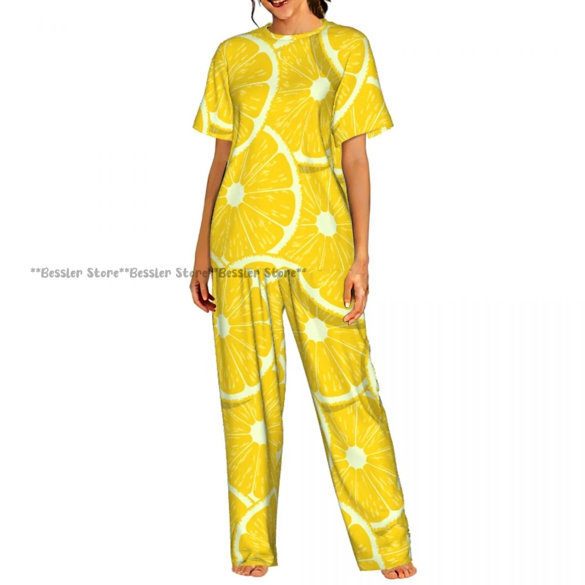 Women's Comfort Pajamas Women's Lemon Leaves Pattern Short Sleeve Set Sleepwear