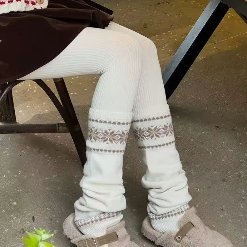 1/6 Pairs Fair Island Autumn/Winter Retro Art Stacked Socks Set Coarse Thread Knitted Snowflake Look Thin Warm Grey Leg Cover