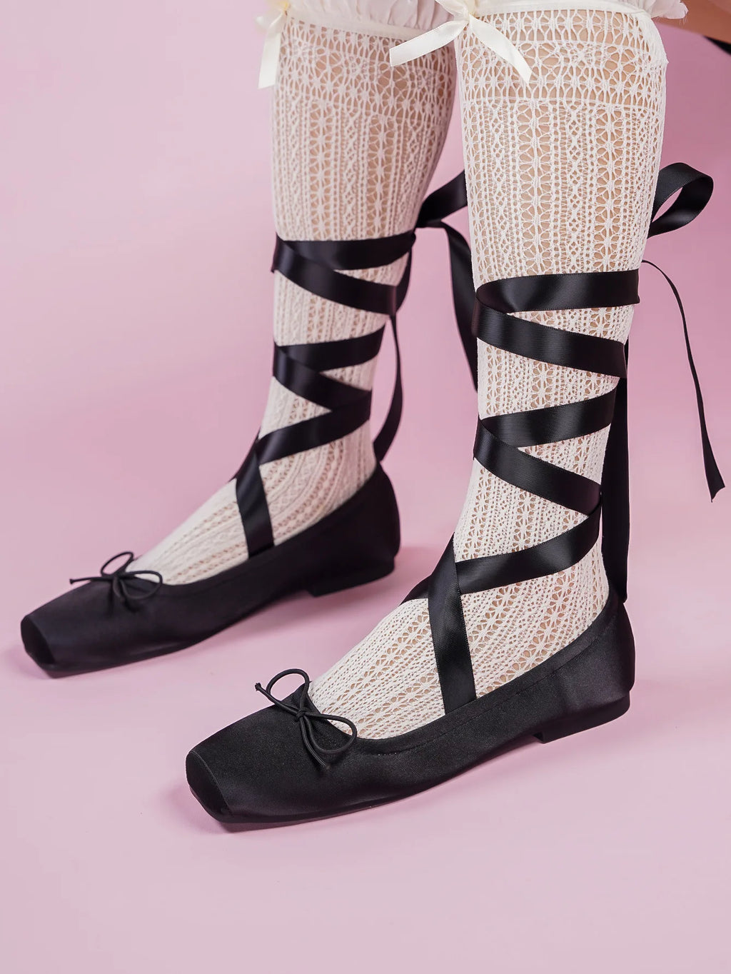 Women's Satin Ribbon Tie Ballet Flats Square Toe Ankle Wrap Lace-Up Shoes Lolita Shoes for Ladies Soft Sole Bow Fashion Footwear
