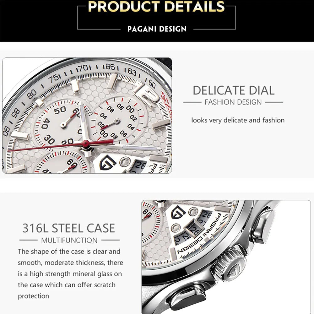 PAGANI DESIGN New PD-3306 Chronograph Men Watch Top Brand Classic Leather Waterproof Quartz Wristwatch for Man Gift Reloj Hombre