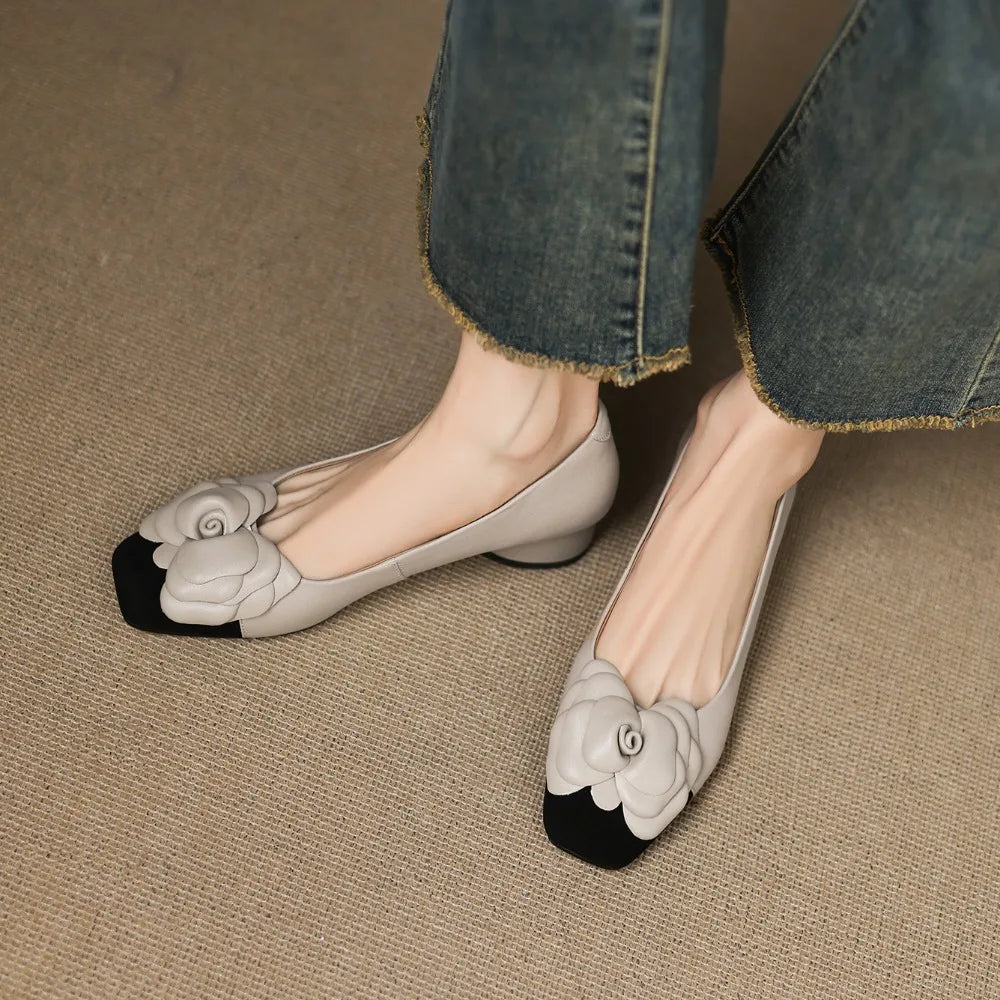 Fashion Flower Single Shoes Autumn New Square Toe Shallow Mouth Slip-on Non-Slip Low-Top Shoes