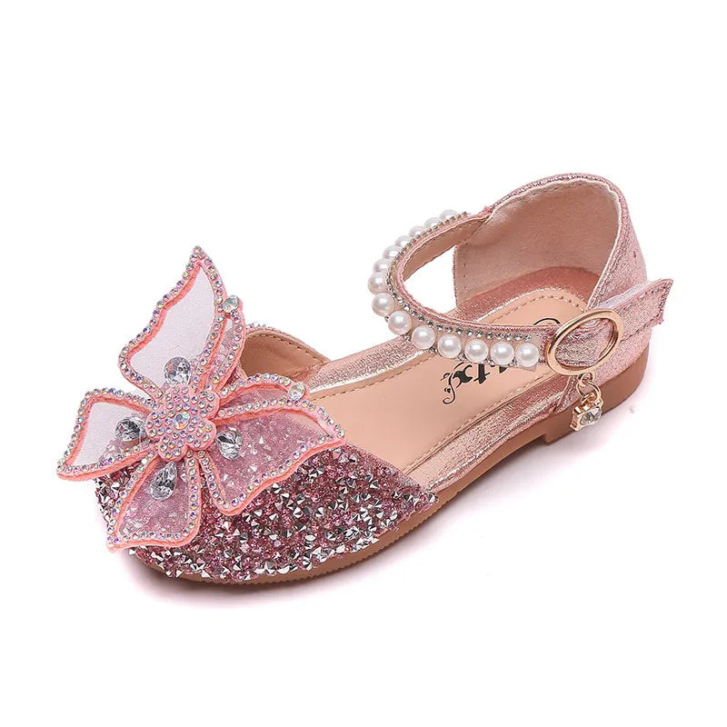 Girls Sequin Lace Bow Kids Shoes Girls Cute Pearl Princess Dance Single Casual Shoes 2026 New Children's Party Wedding Shoes