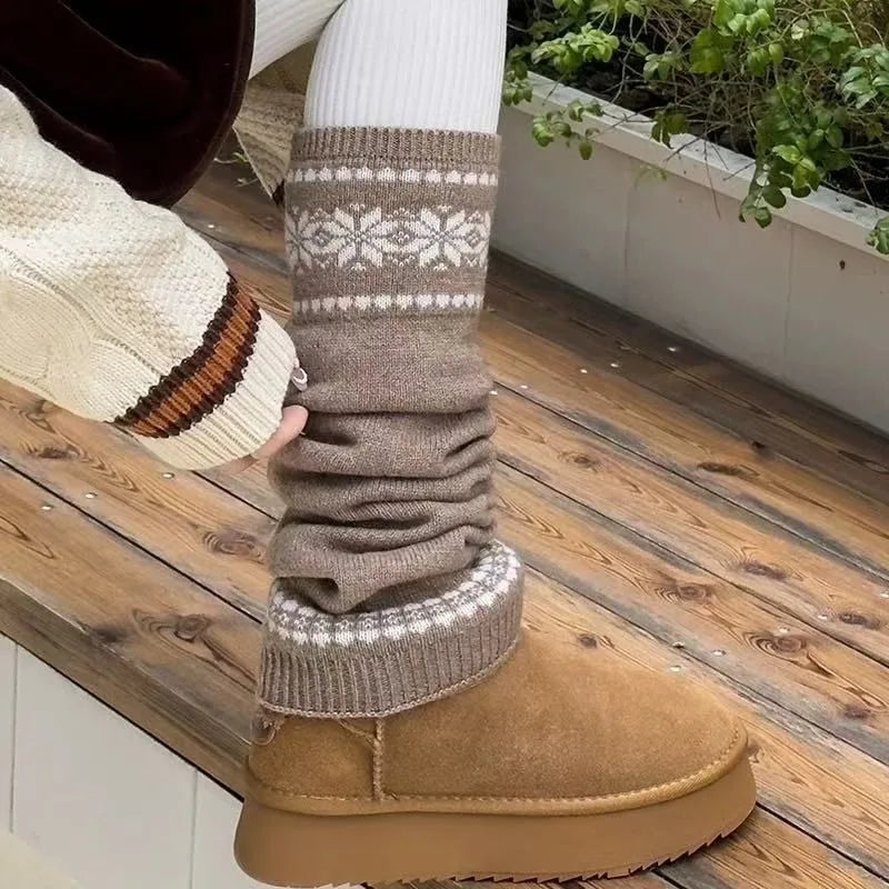1/6 Pairs Fair Island Autumn/Winter Retro Art Stacked Socks Set Coarse Thread Knitted Snowflake Look Thin Warm Grey Leg Cover