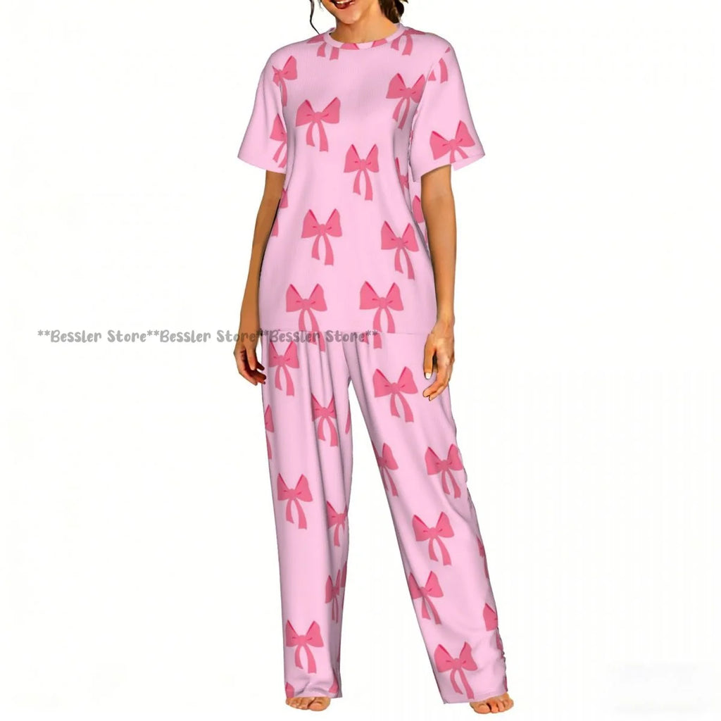 Women's Comfort Pajamas Women's Ribbon Bows Pattern Short Sleeve Set Sleepwear
