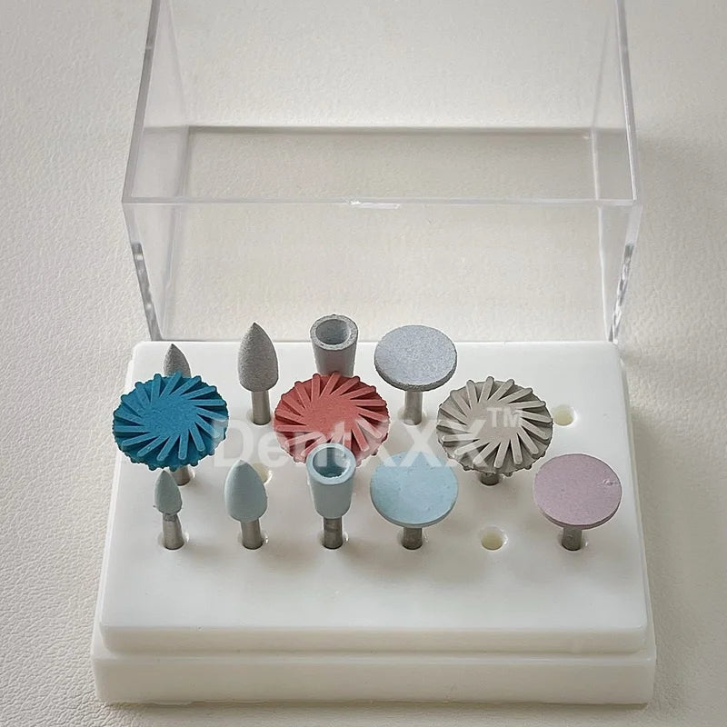 12pcs/box RA Handle Polishing Combo Set, 9 silicone rubber grinding heads＆ 3 cyclone wheels, coarse/fine/mirror polishing