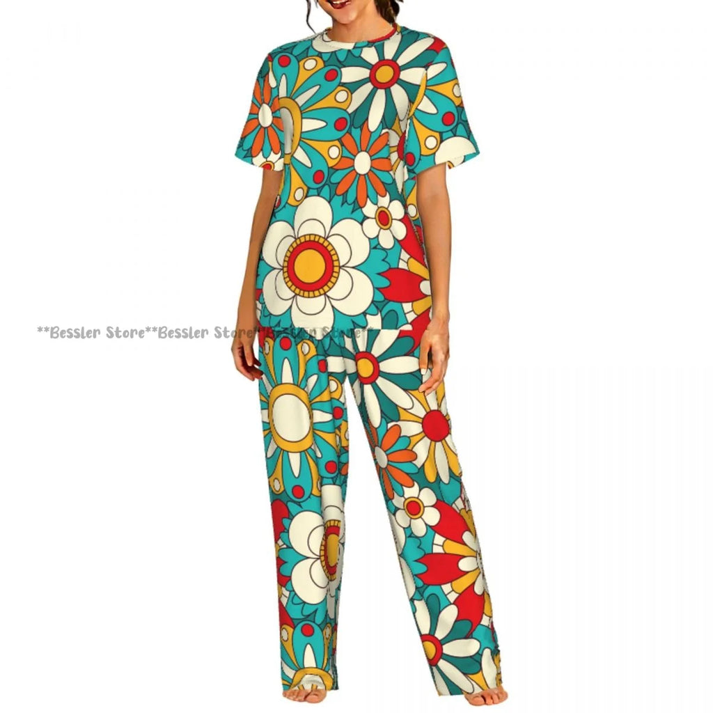 Women's Pajama Set Blue Hydrangeas And Daisies Floral Butterflies Short Sleeve Sleepwear 2 Piece Homewear Loungewear