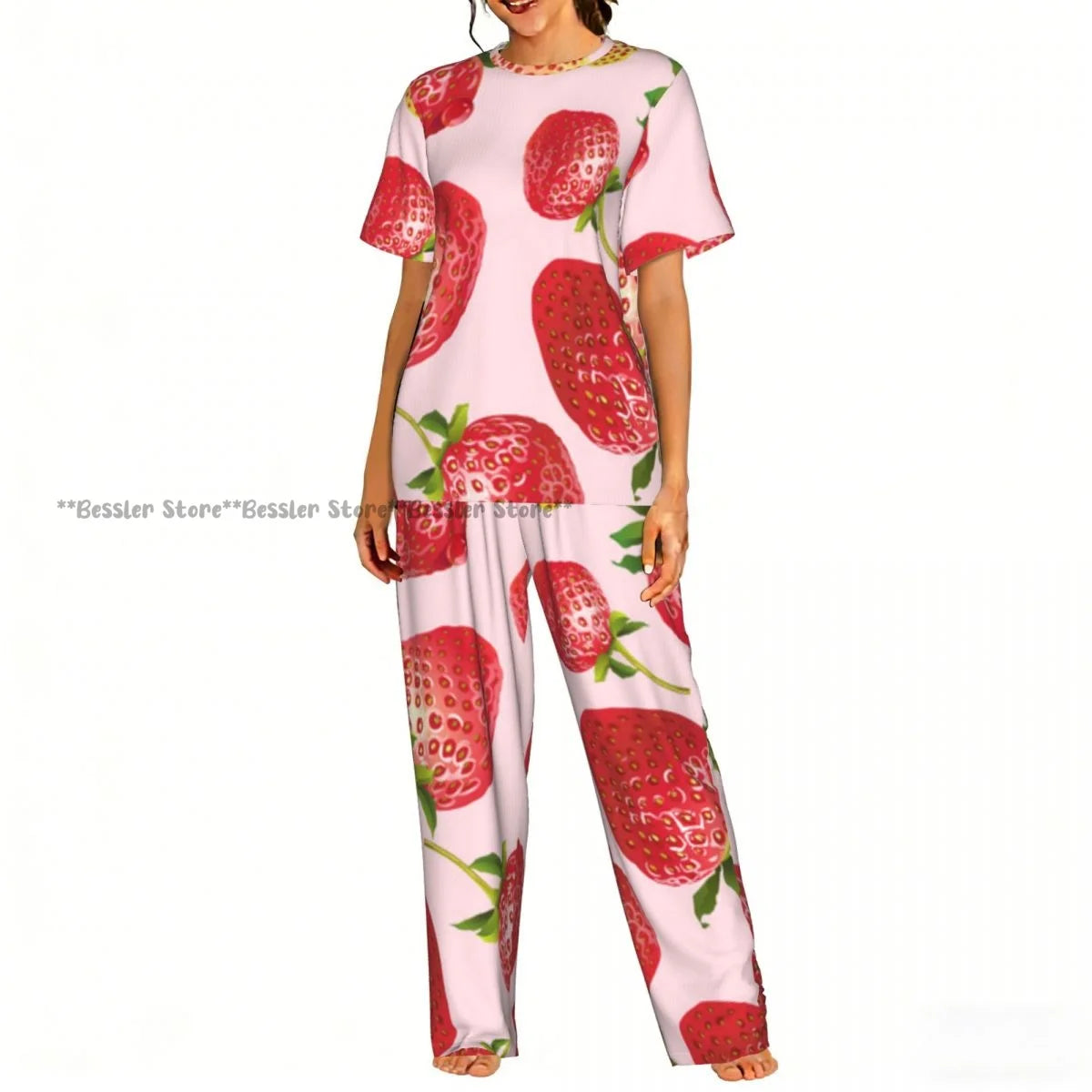 Women's Comfort Pajamas Women's Cute Pink Strawberries Short Sleeve Set Sleepwear