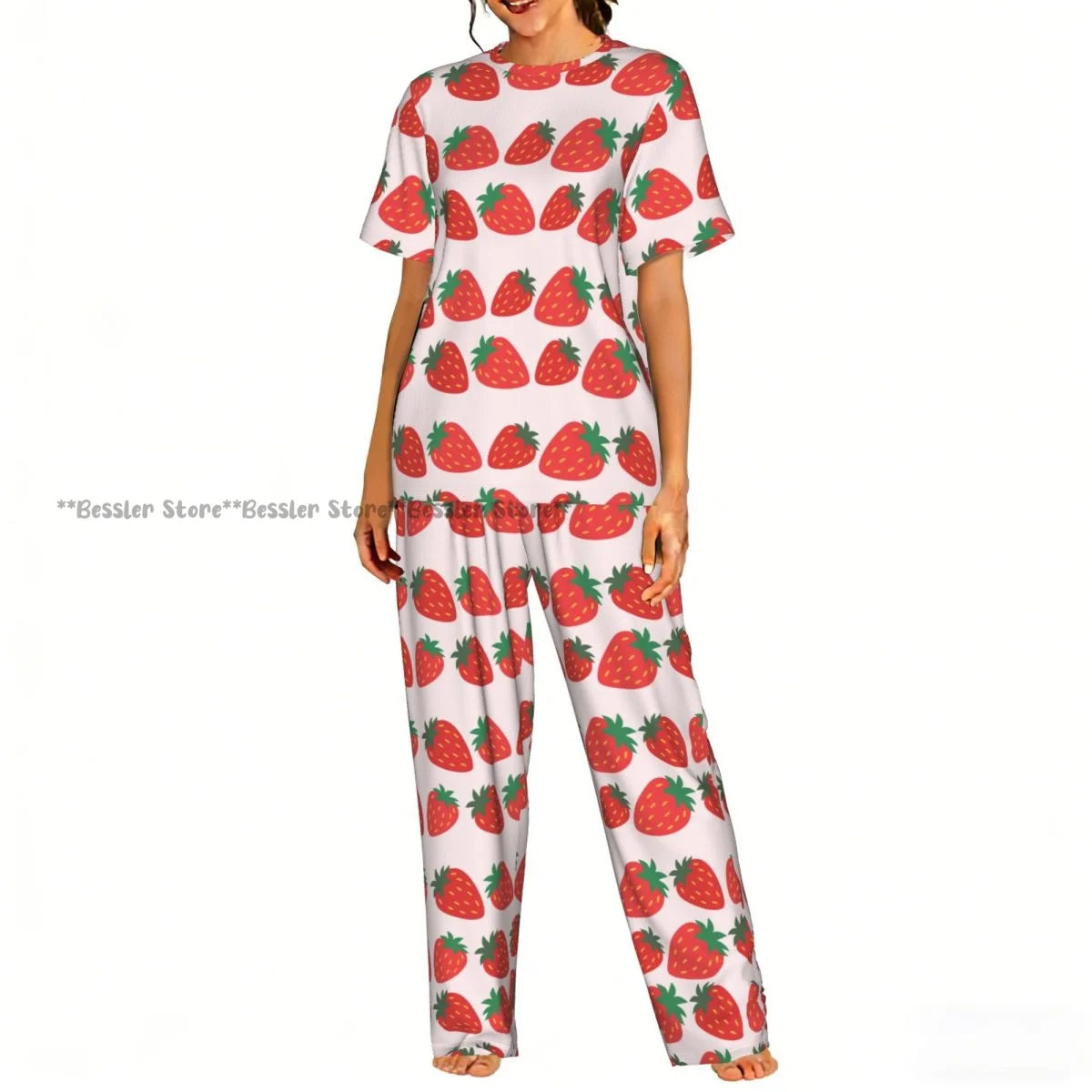 Women's 2-piece set Watercolor Strawberries Pajamas Short sleeved Top and Pants Sleepwear