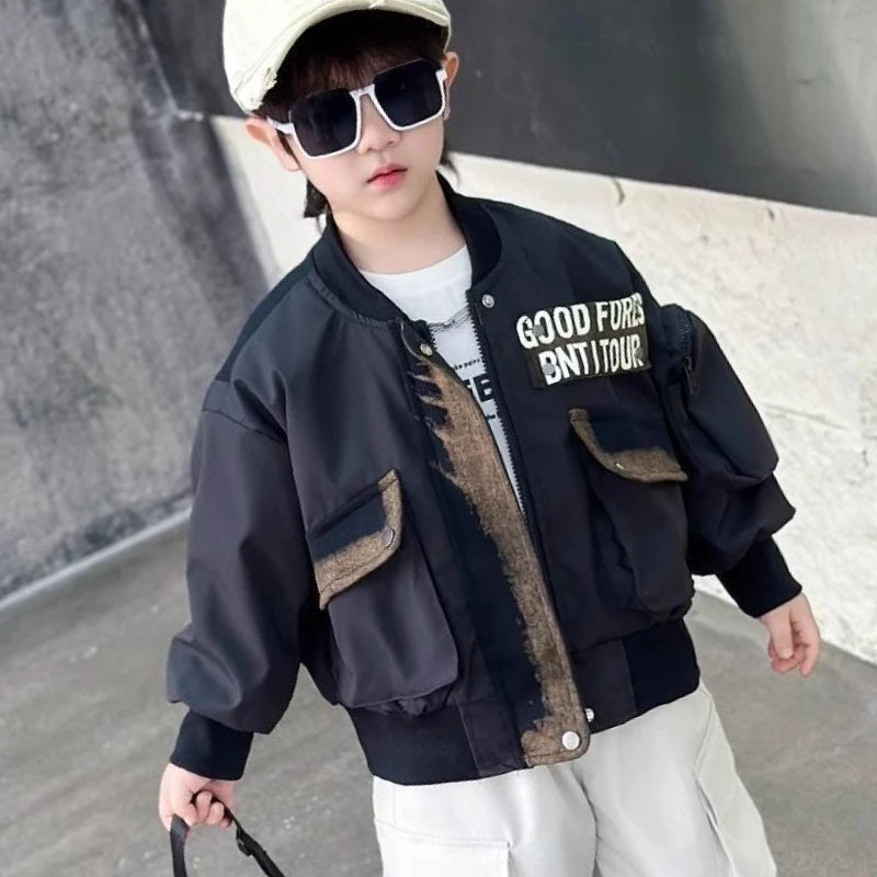 Boys' Baseball Jacket 2025 Spring Autumn Korean Style Trendy Jacket Versatile Streetwear for Kids Fashionable Cozy Outerwear