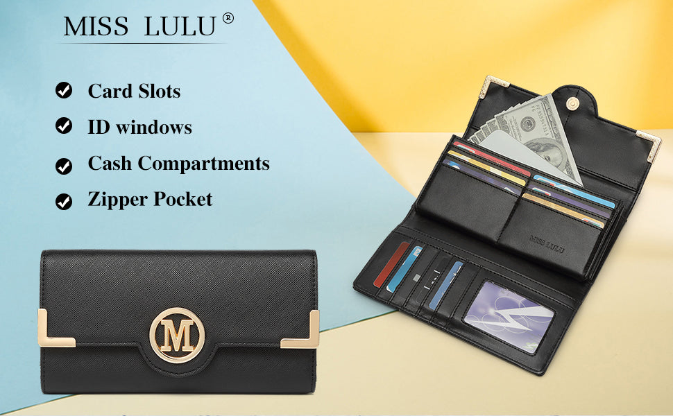 Miss Lulu WOMEN'S purse Long Wallet with zipper PU leather Card hand fan keys Holder Phone Case