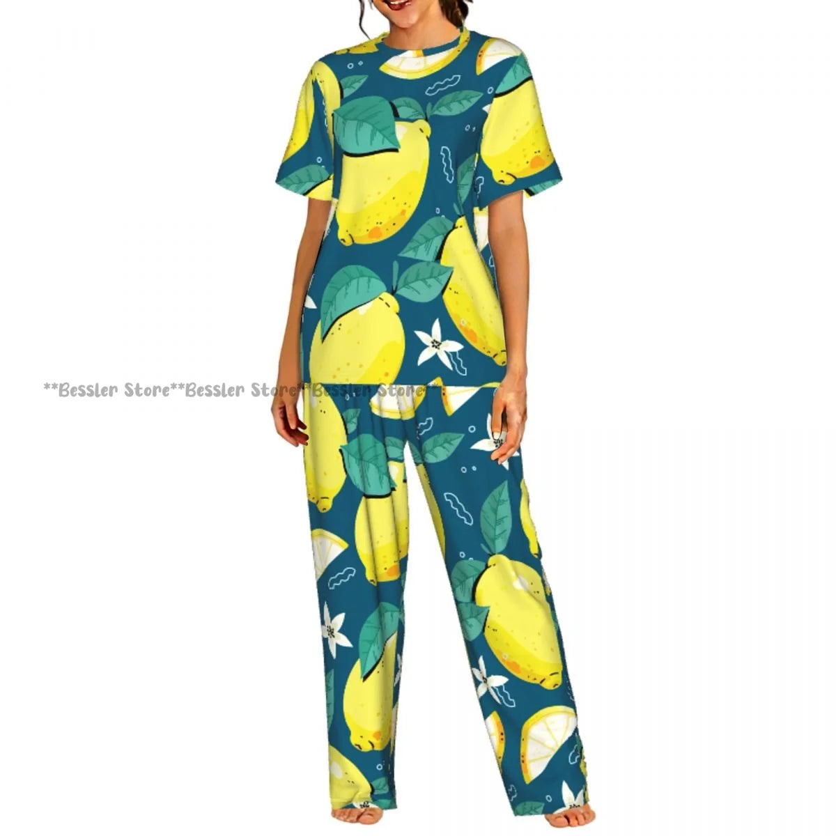 Women's Comfort Pajamas Women's Lemon Leaves Pattern Short Sleeve Set Sleepwear