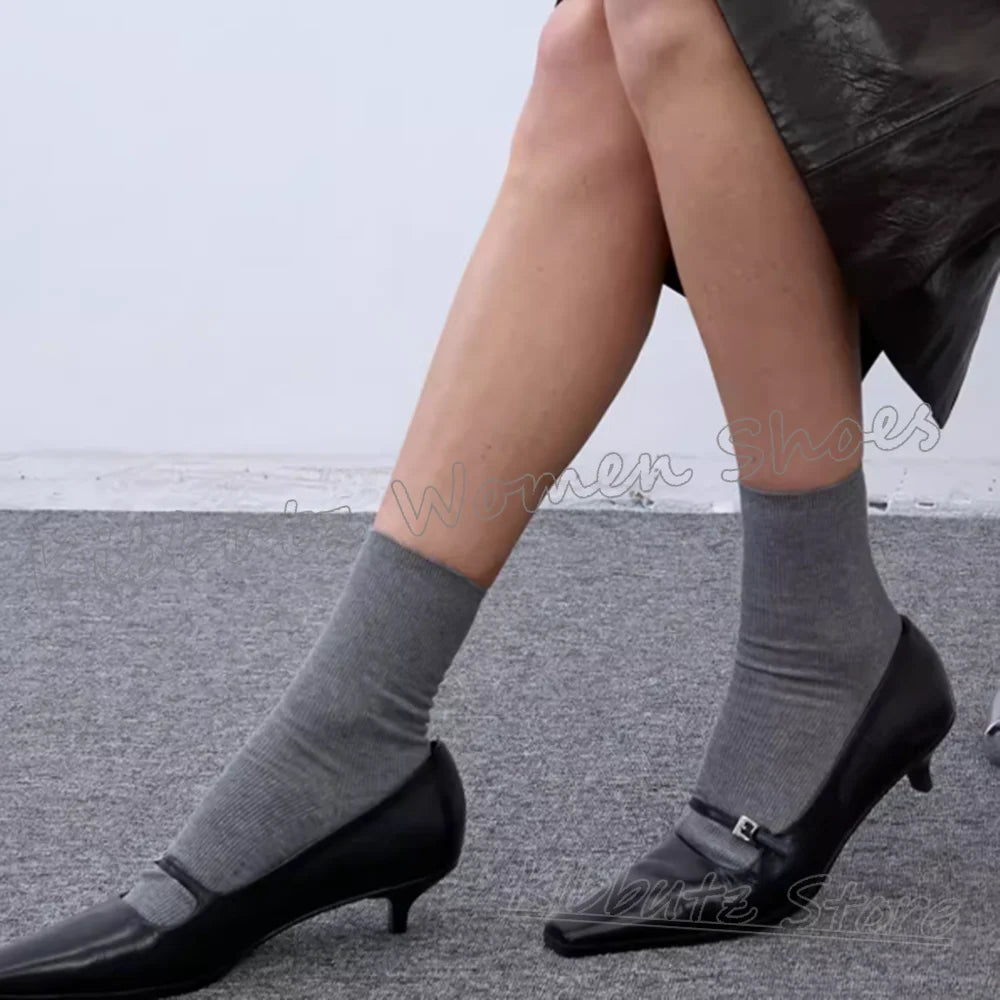 Mary Jane Pumps Belt Buckle Leather Square Toe Kitten Heels Solid Color Women Shoes Fashion Comfortable Sexy Elegant Novelty New