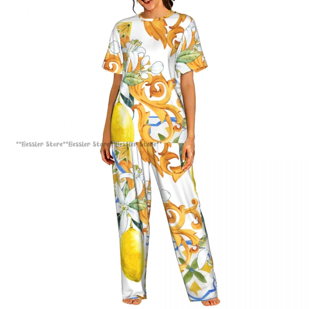 Women's Lemon Citrus Yellow Fruit Leaves short sleeve trousers casual pajamas set