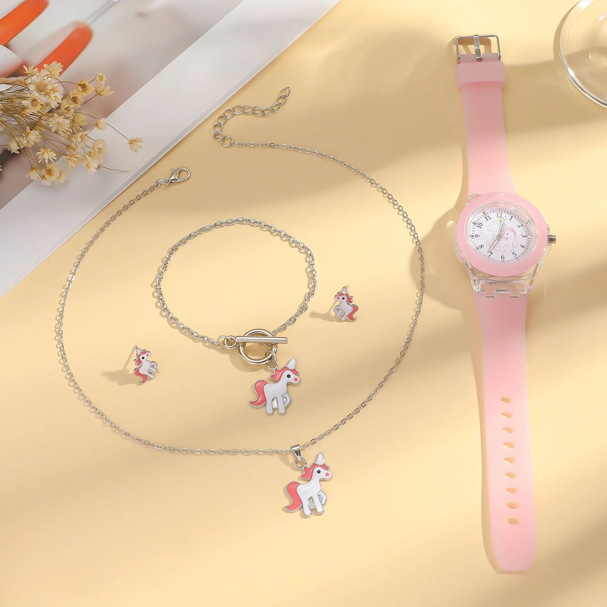 Four-piece set of unboxed watches and pink ponies for girls, suitable for festivals and birthday gifts