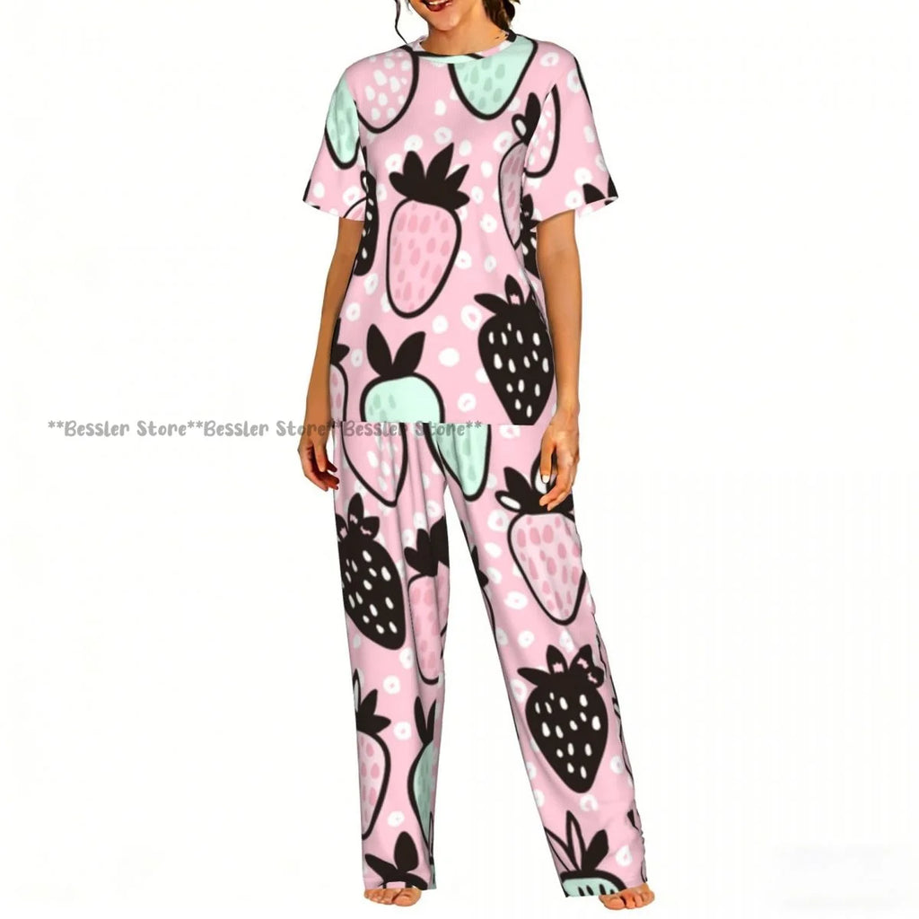 Women's Comfort Pajamas Women's Cute Pink Strawberries Short Sleeve Set Sleepwear