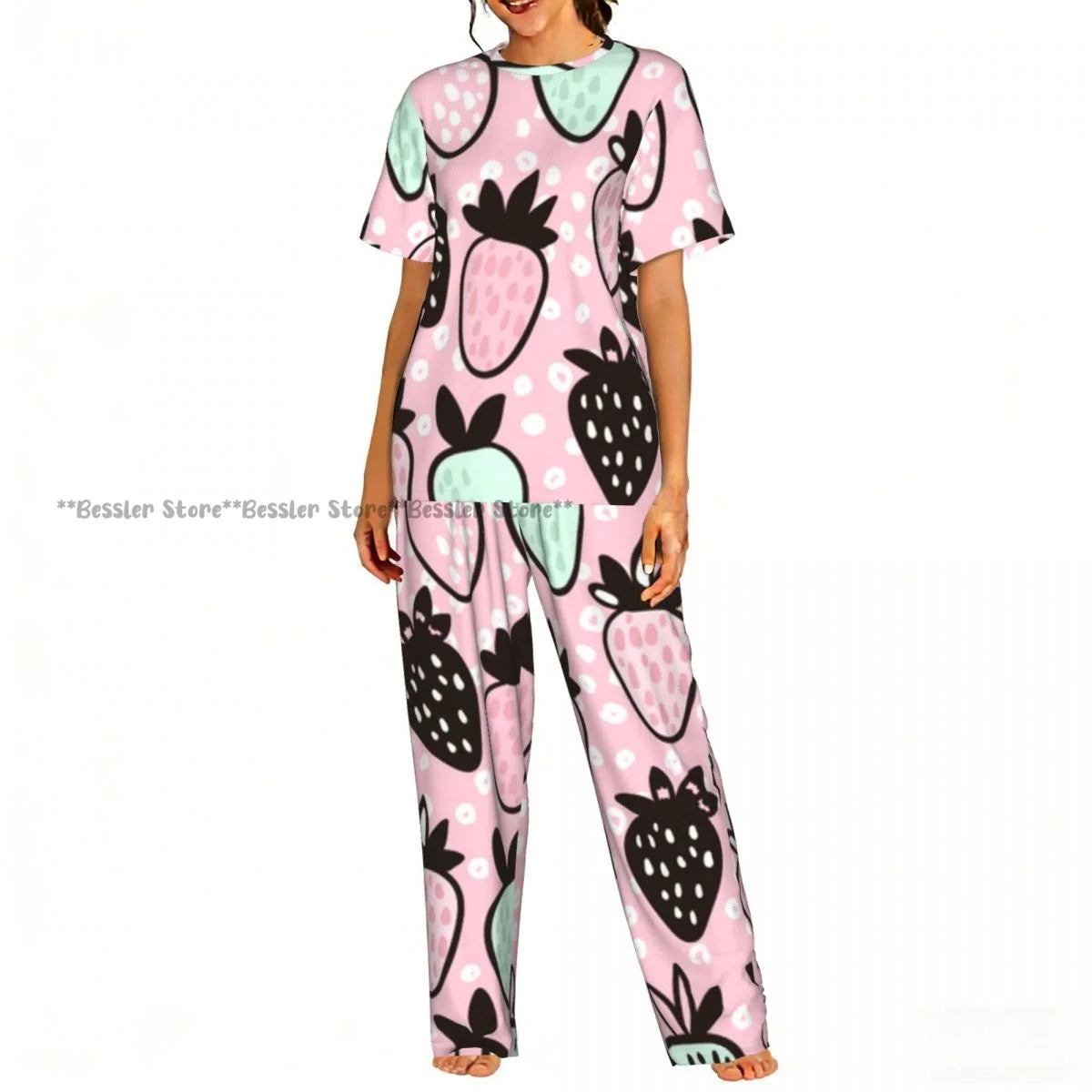 Women's Comfort Pajamas Women's Cute Pink Strawberries Short Sleeve Set Sleepwear