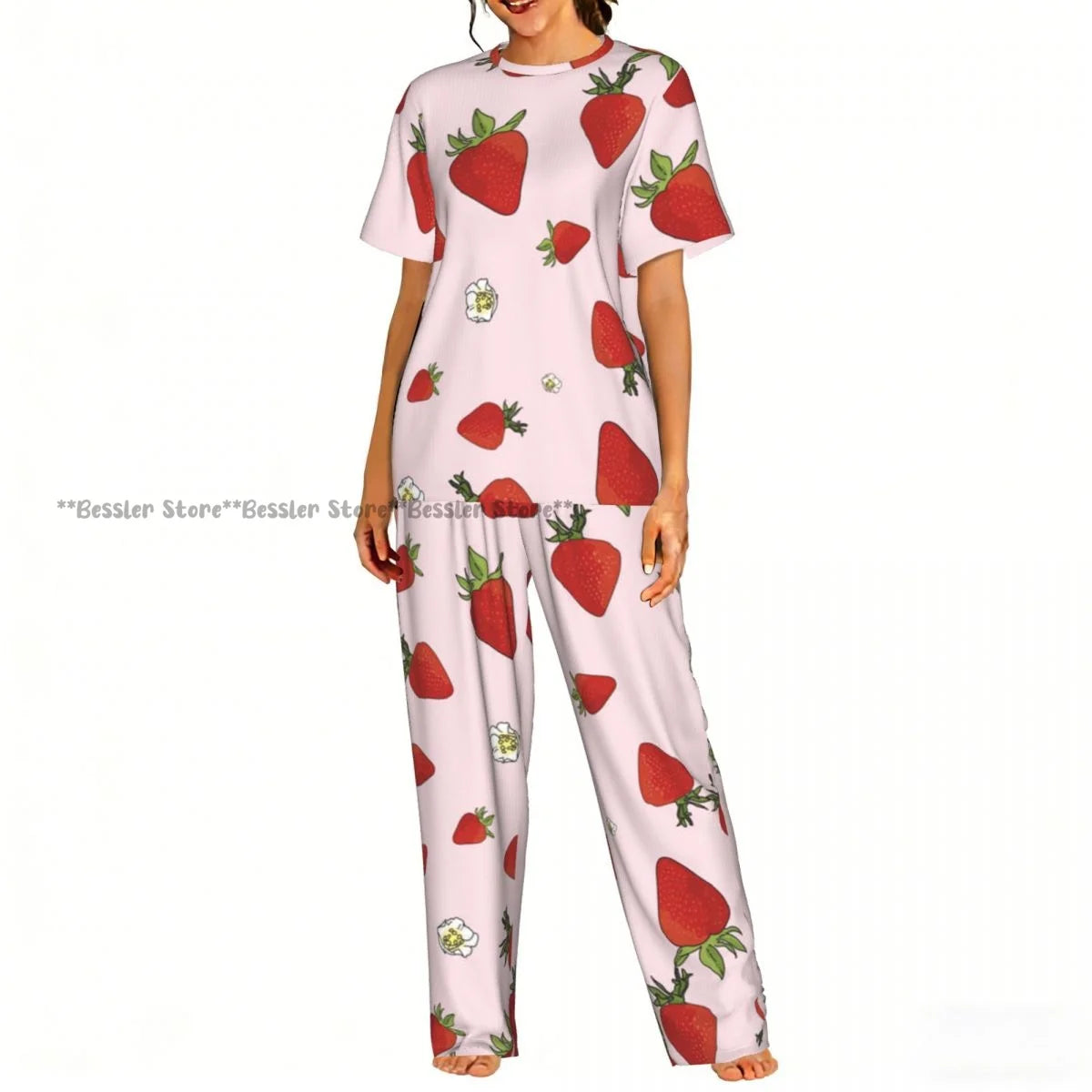 Women's 2-piece set Watercolor Strawberries Pajamas Short sleeved Top and Pants Sleepwear