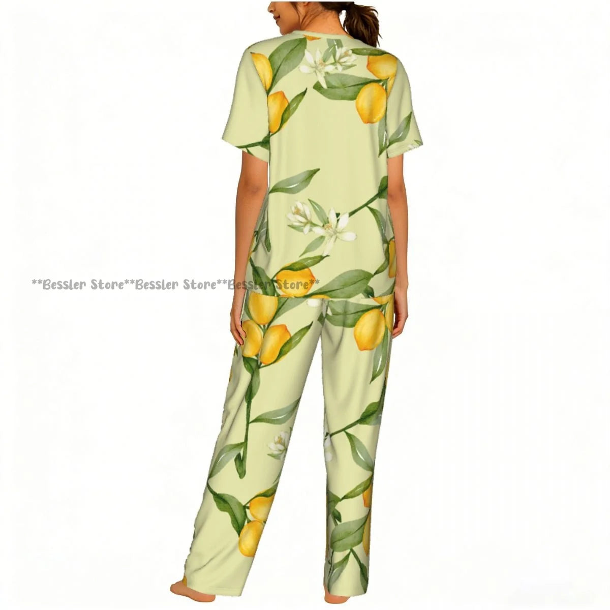 Women's Lemon Citrus Yellow Fruit Leaves short sleeve trousers casual pajamas set