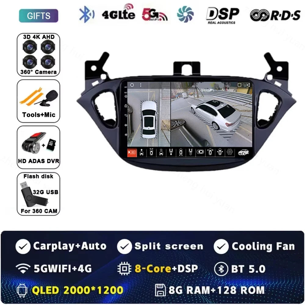 Android 15 for Opel Corsa E 2014 - 2019 Car Radio Audio Multimedia GPS Navigation Stereo System Carplay Auto WIFI 4G DSP