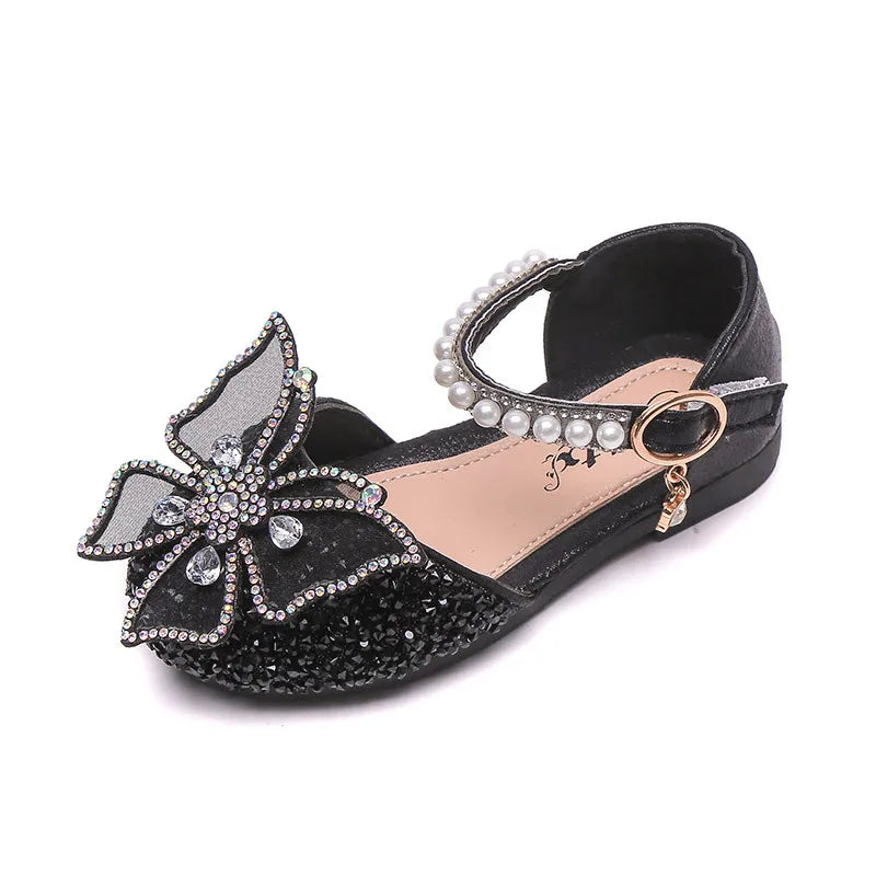 Girls Sequin Lace Bow Kids Shoes Girls Cute Pearl Princess Dance Single Casual Shoes 2026 New Children's Party Wedding Shoes