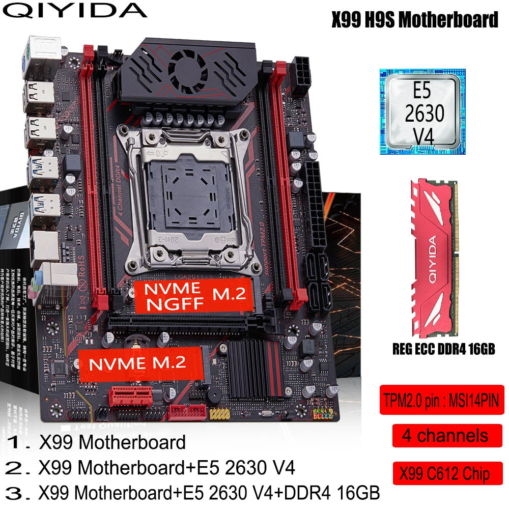 QIYIDA X99 H9S Motherboard Set Kit With LGA2011-3 Xeon E5 2630 V4 CPU DDR4 16GB REG ECC Memory M.2 TPM 2.0 Interface 4 Channels