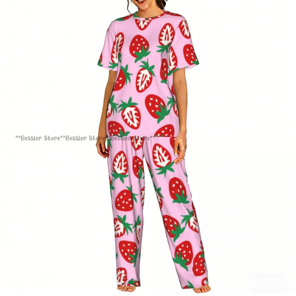 Women's Comfort Pajamas Women's Cute Pink Strawberries Short Sleeve Set Sleepwear